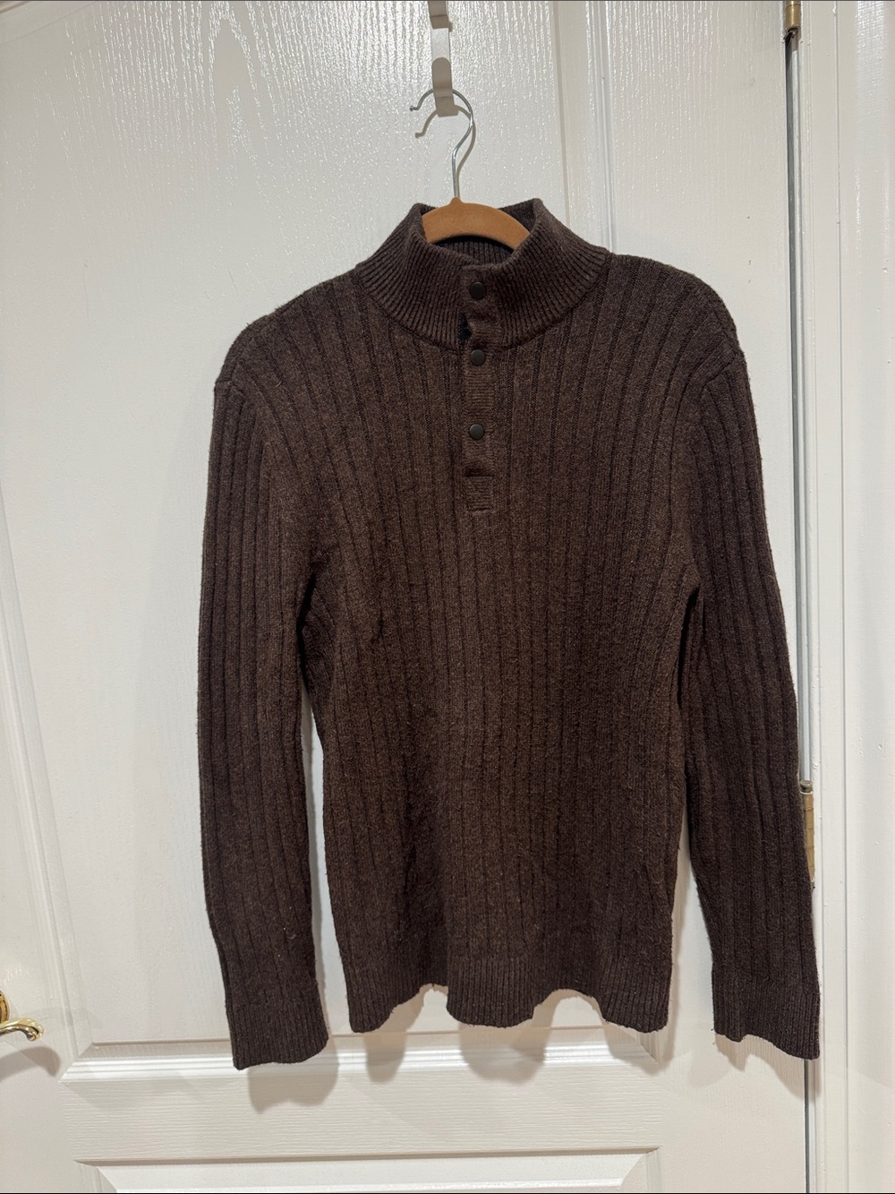 Express Men's Brown Ribbed Button-Neck Sweater